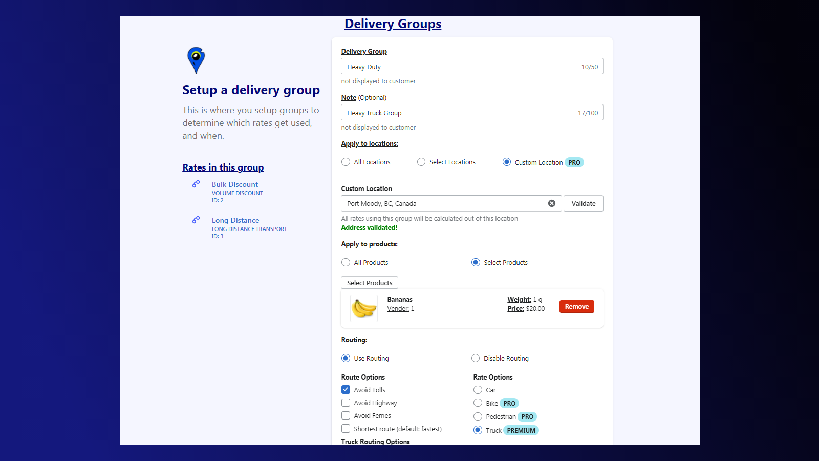 Raven - Custom delivery Rates group setup user interface