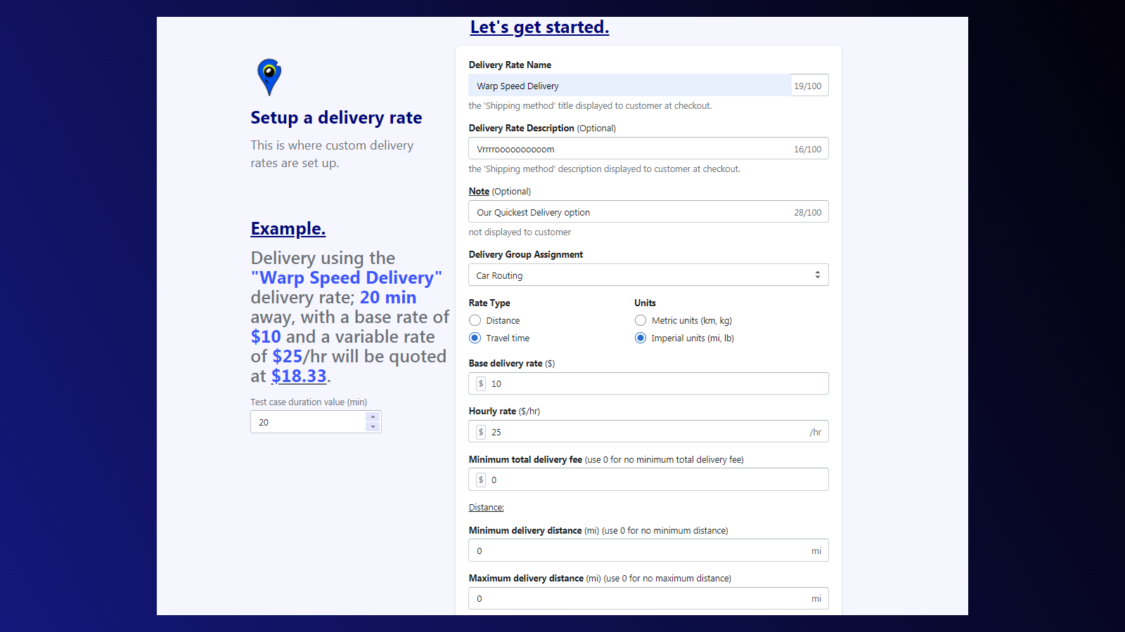 Raven - Custom delivery Rates rate setup user interface