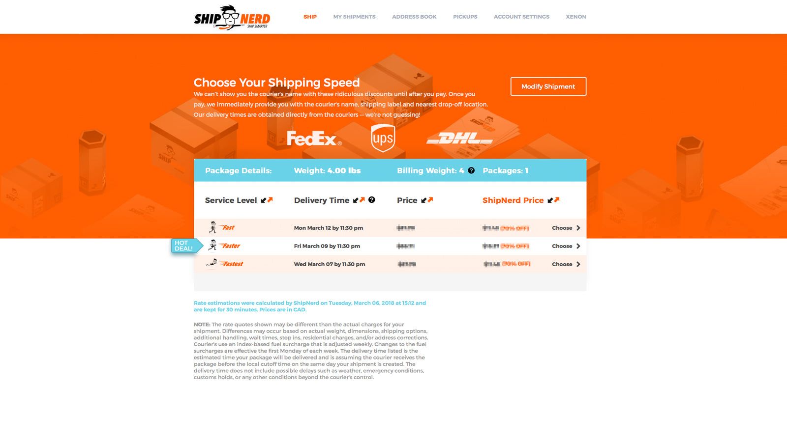 Real time shipping costs and transit times