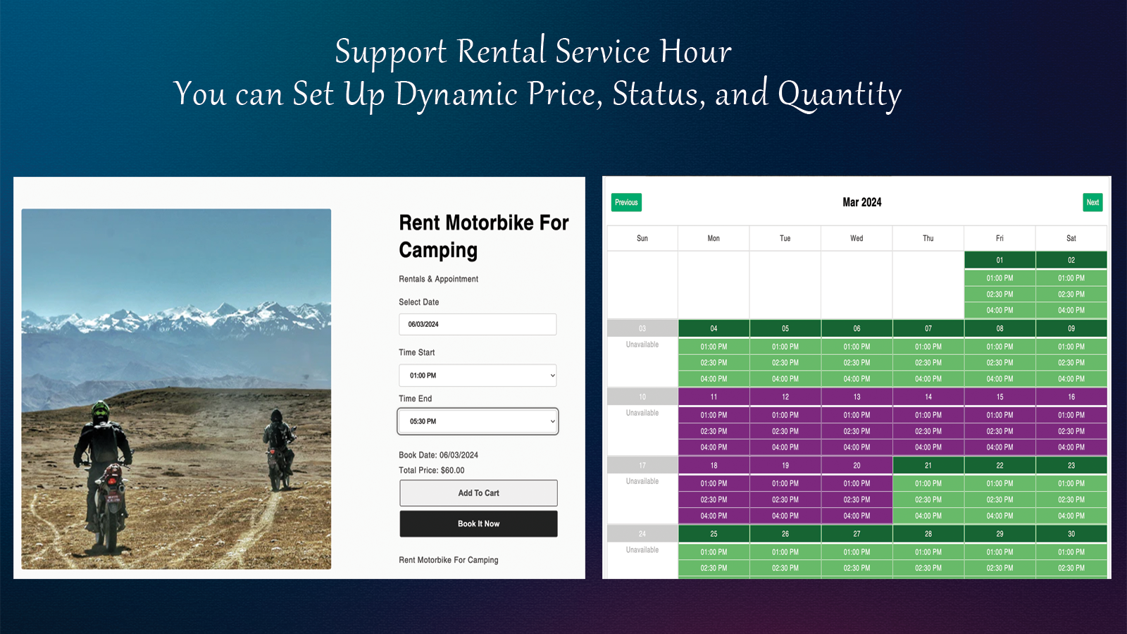 Rental by Hour with dynamic status, Price and Quantity