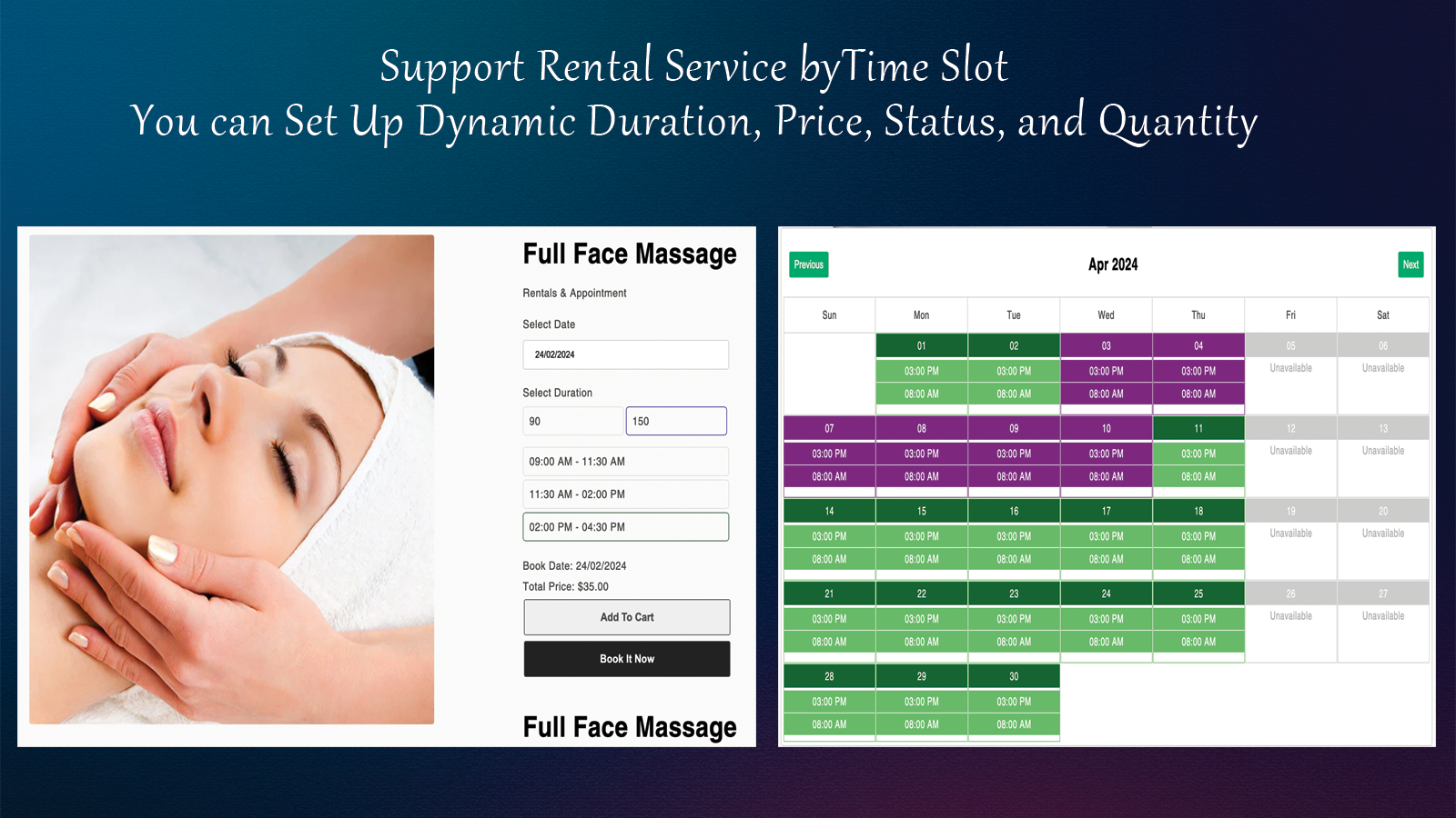 Rental by Time slots with dynamic status, Price and Quantity