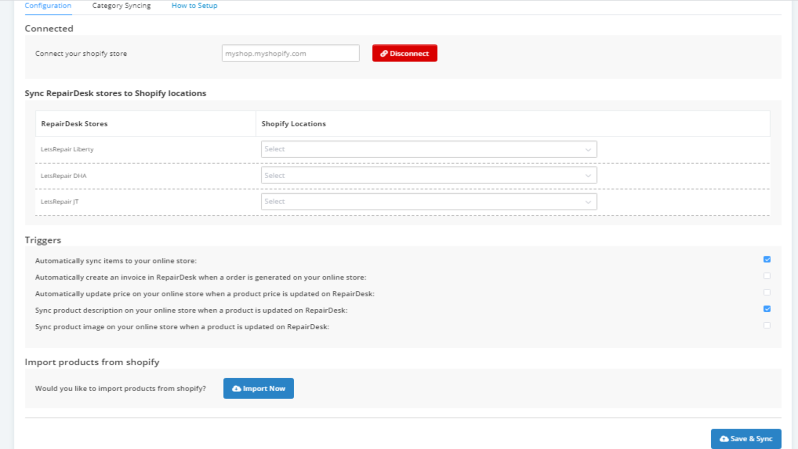 RepairDesk shopify Integration configuration and settings page