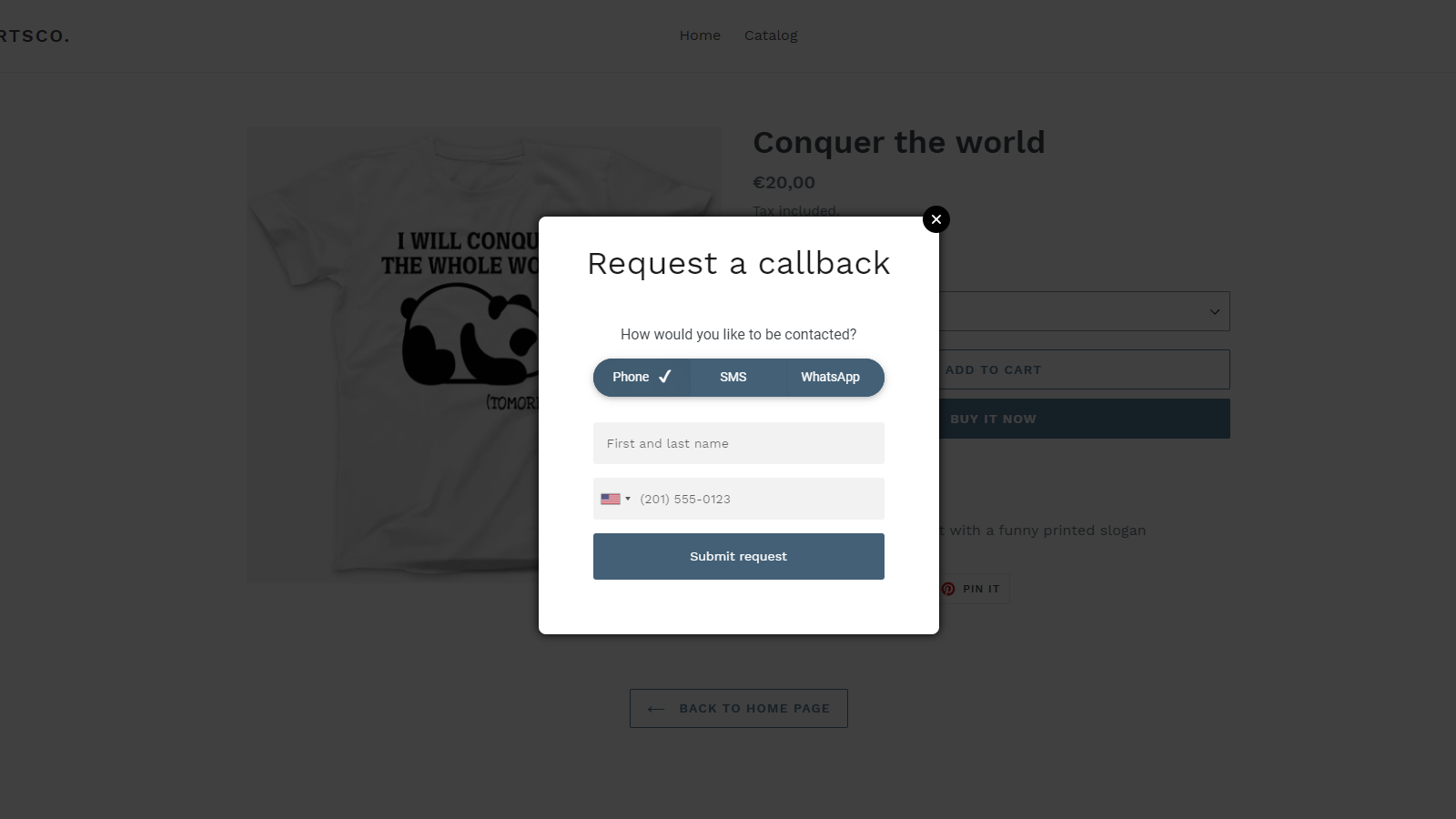Request call back popup sample
