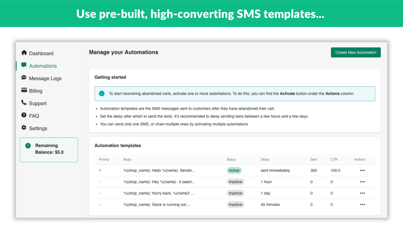 Retrevo SMS Automation templates page