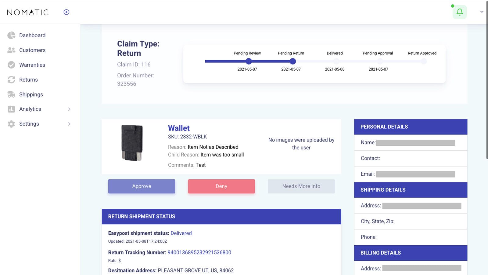 Returns processing page for Customer Support
