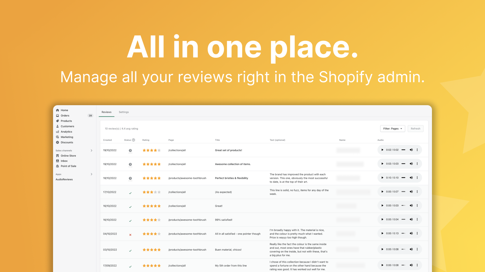 Reviews overview in the AudioReviews Shopify app