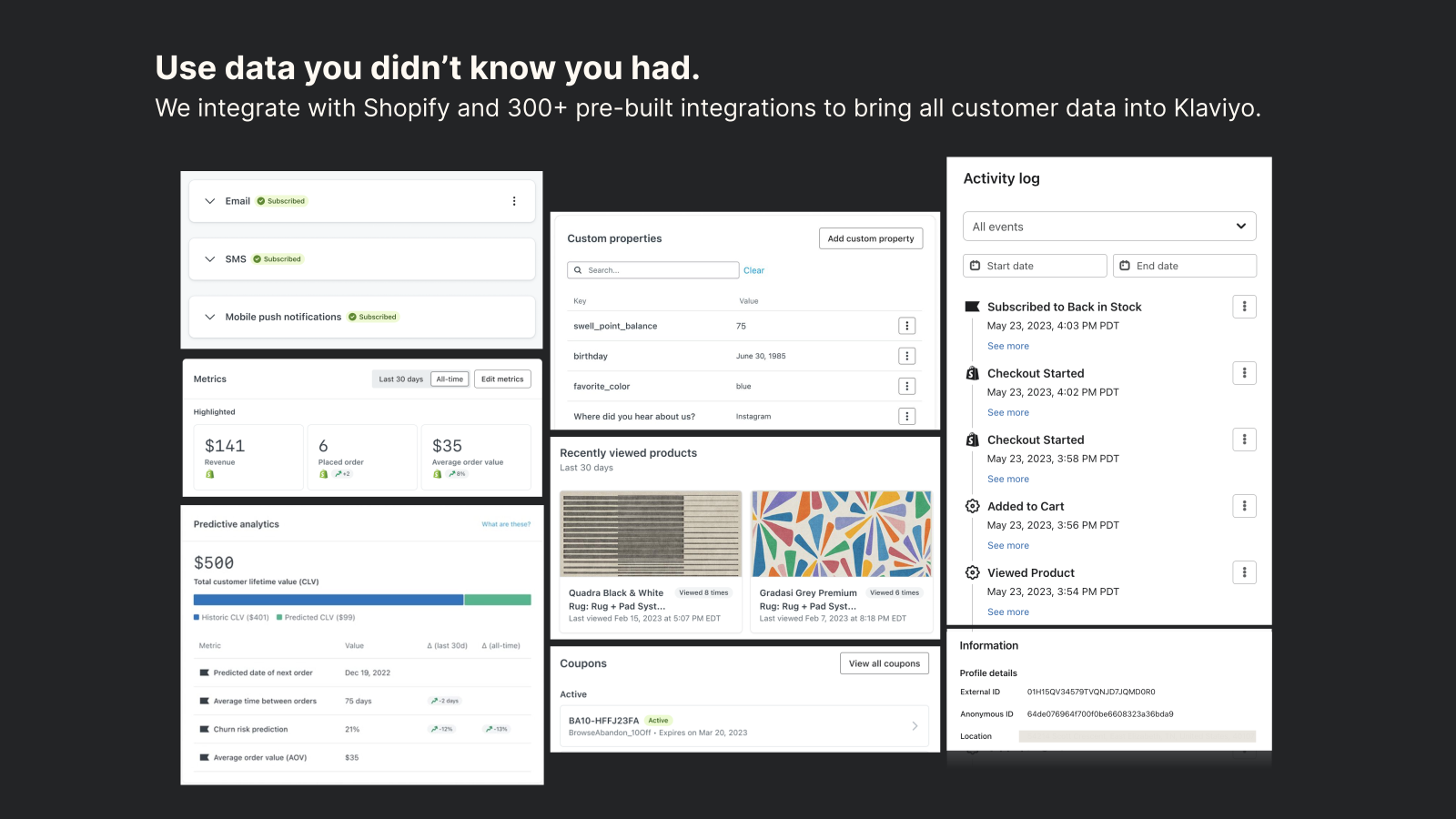 Robust customer profiles with unified event and shopping data 