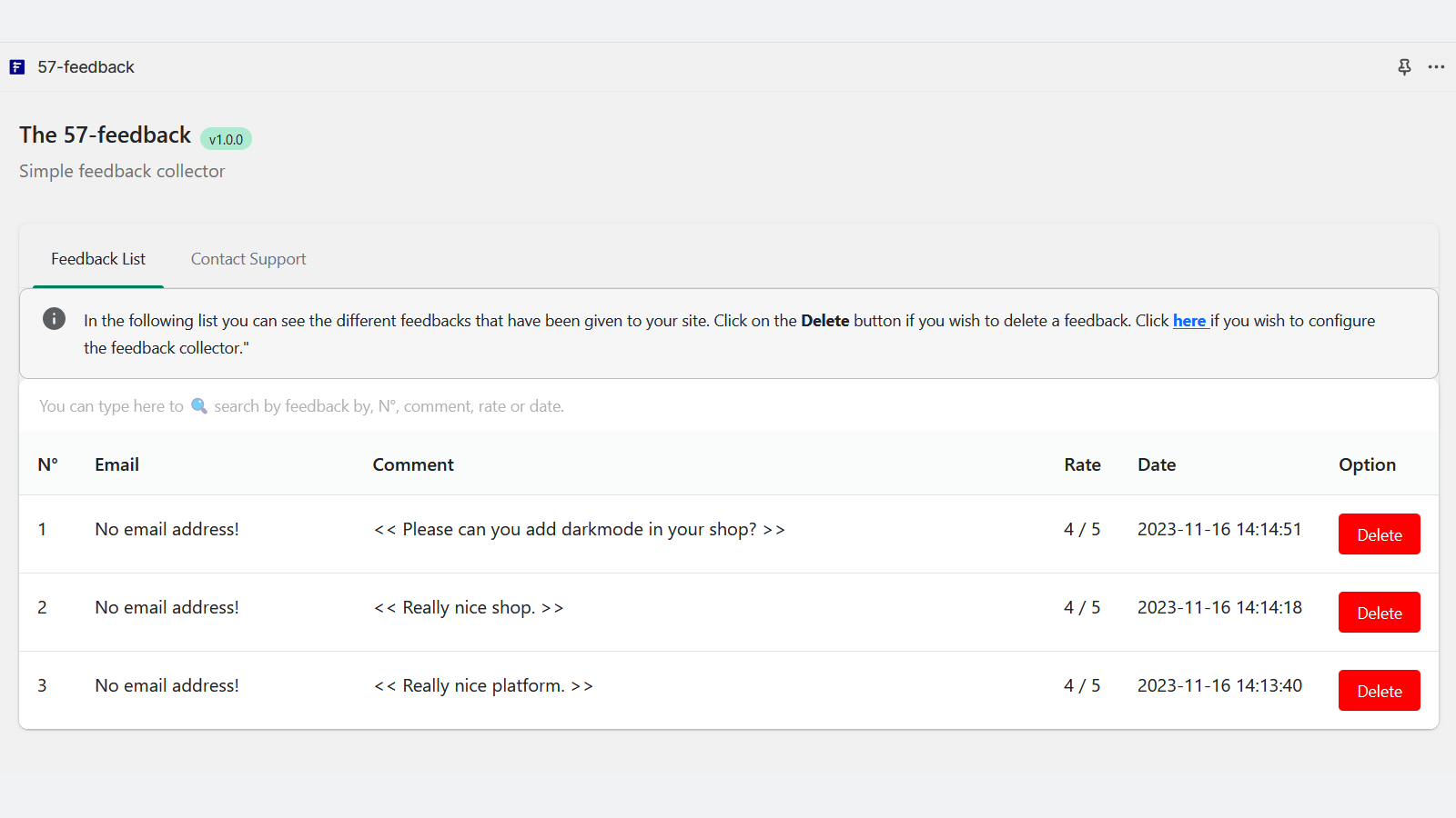 Screen for consulting feedback on your site from the dashboard.