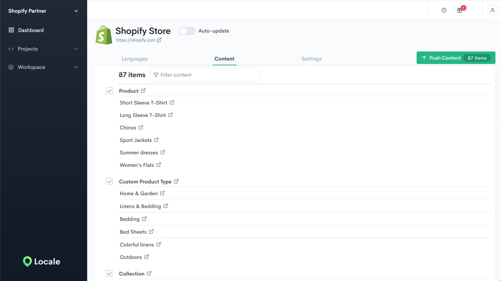 Screen listing all available content from the Shopify store
