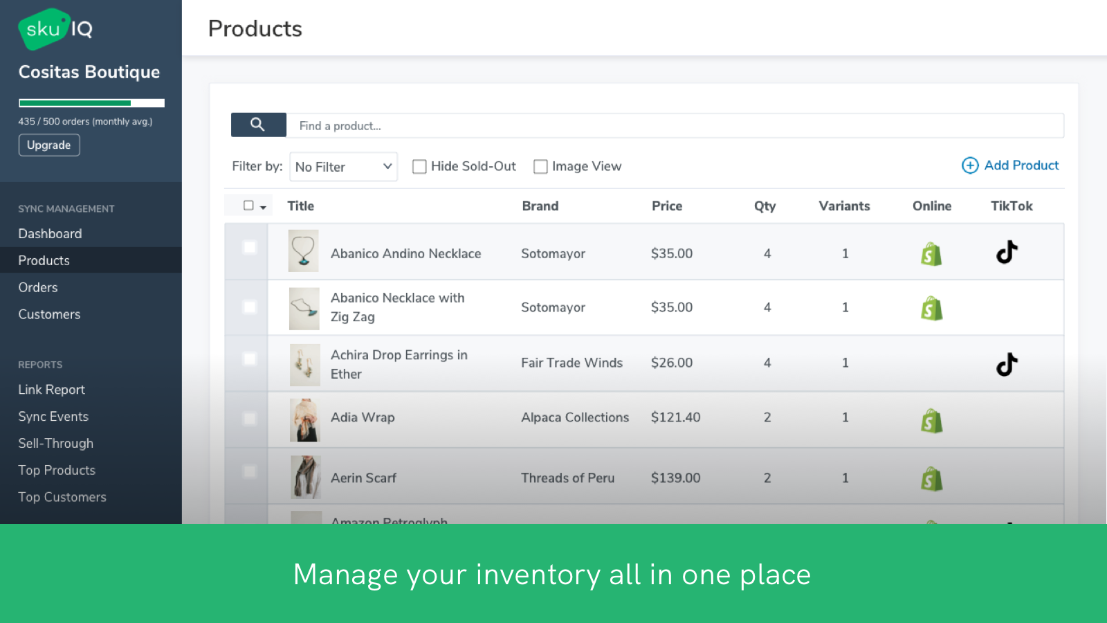 Screen view of SKU IQ Products page