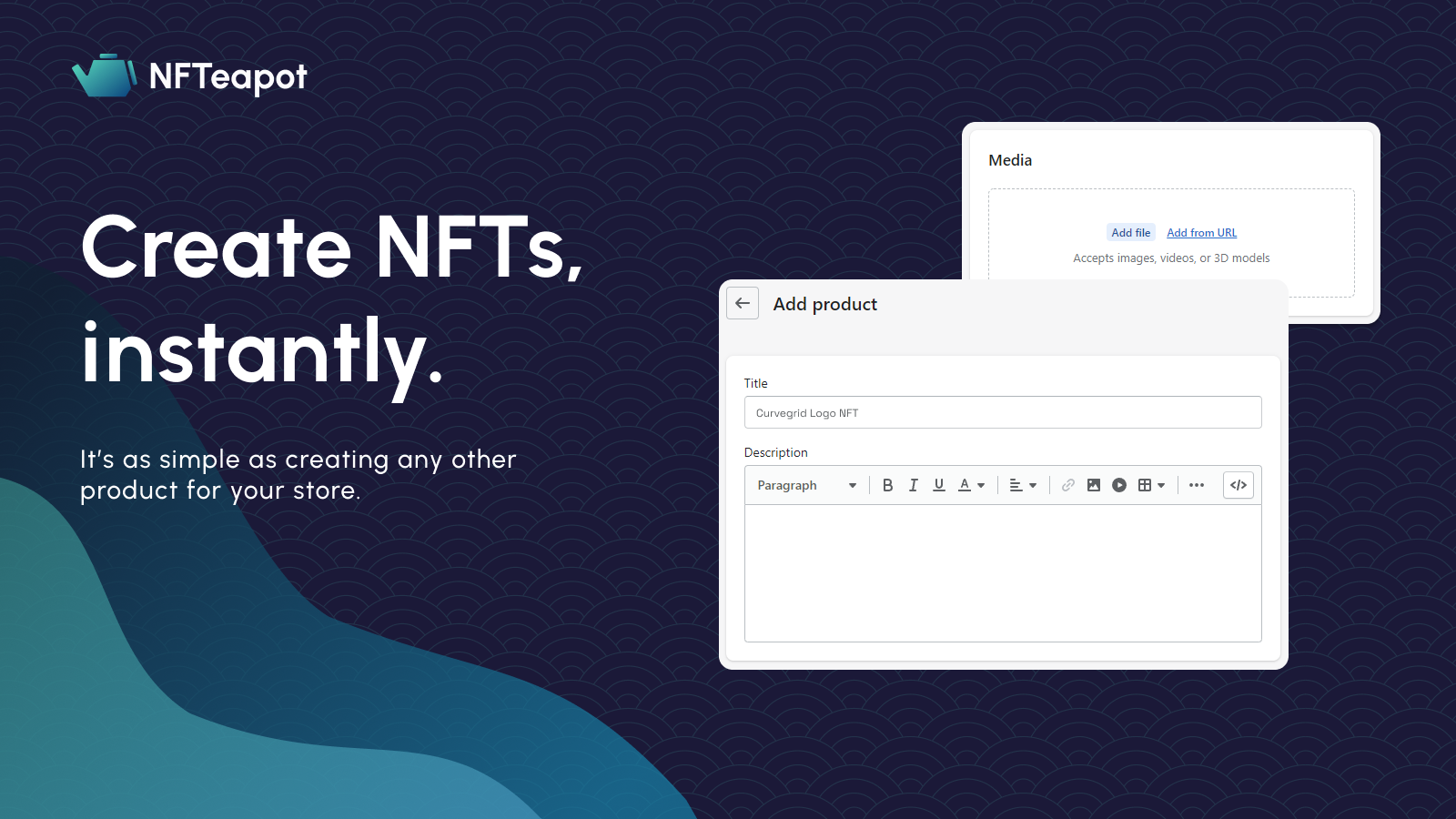 Screenshot of App. Tagline: Create NFTs instantly