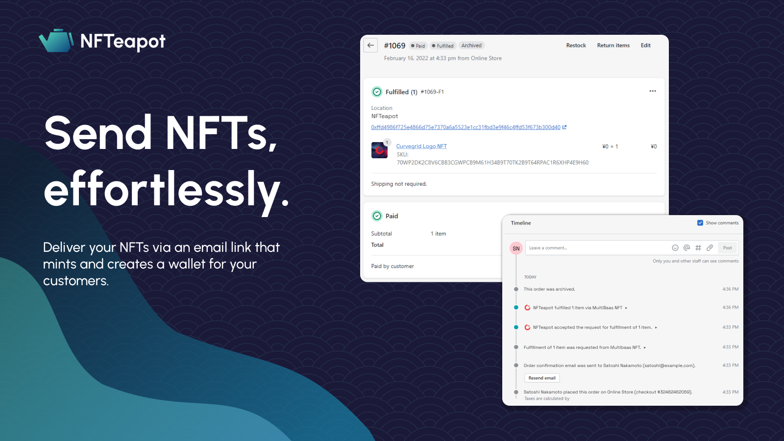 Screenshot of App. Tagline: Send NFTs effortlessly