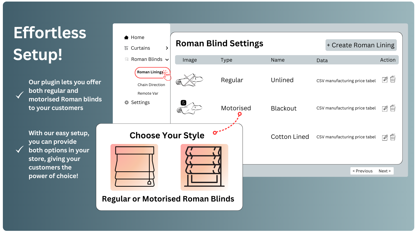 Screenshot of customizable Roman blind settings interface