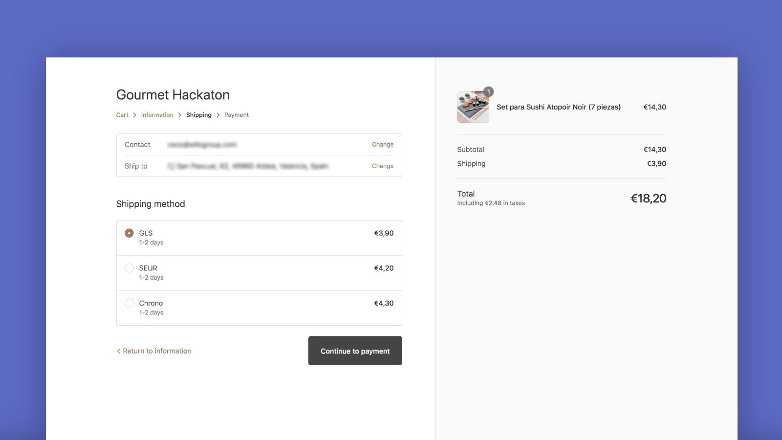 Screenshot of order with shipping costs