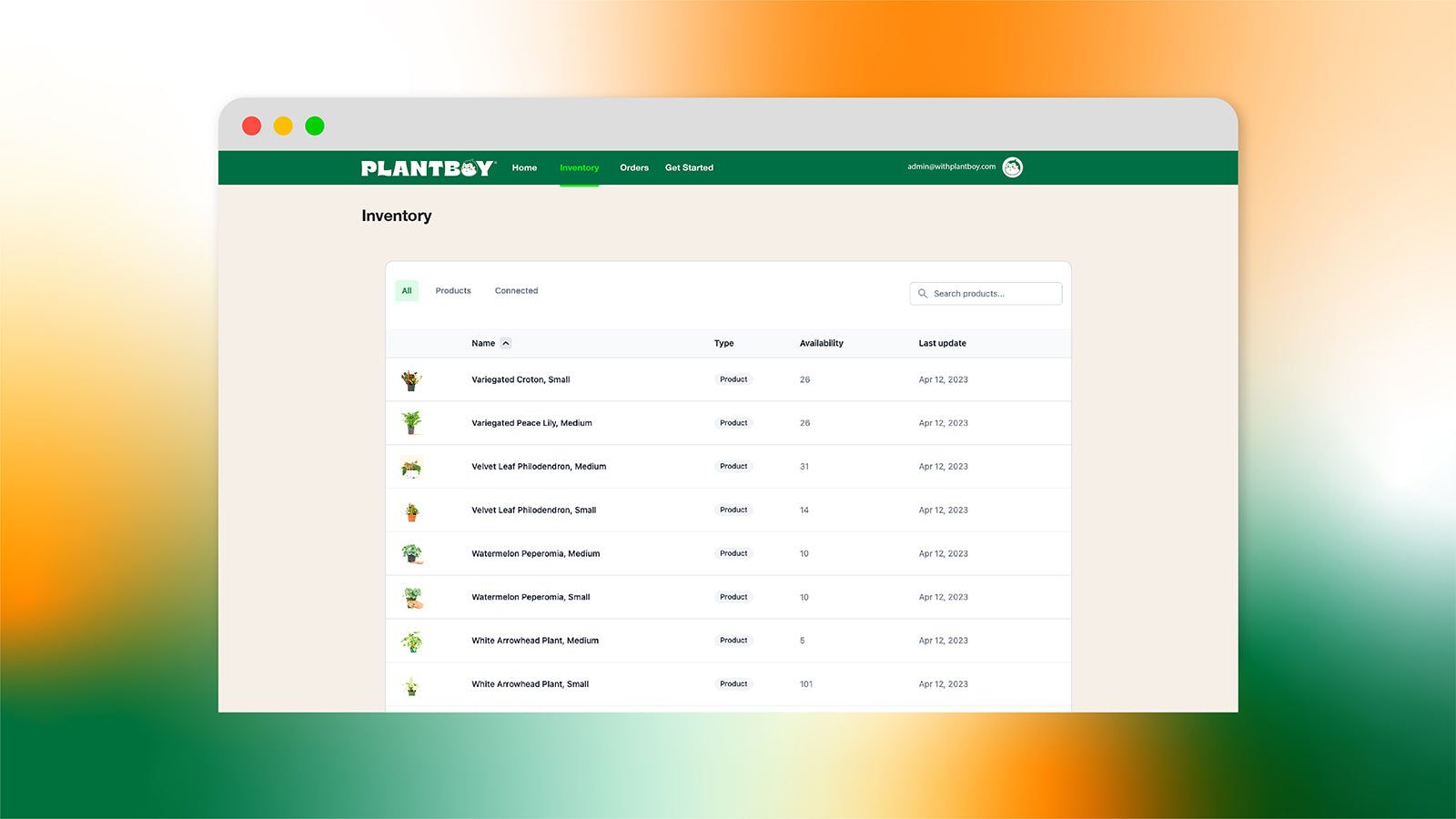 Screenshot of the inventory page in the Plantboy application