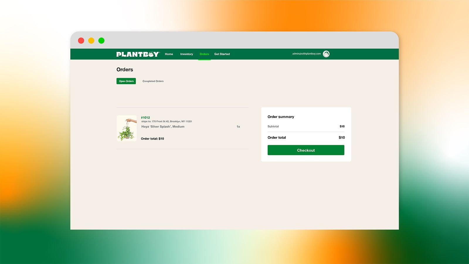 Screenshot of the orders page in the Plantboy application