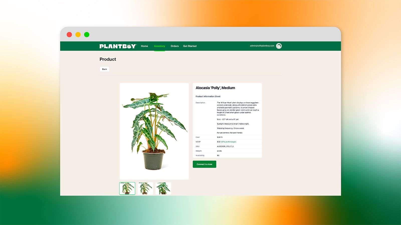Screenshot of the product page in the Plantboy application