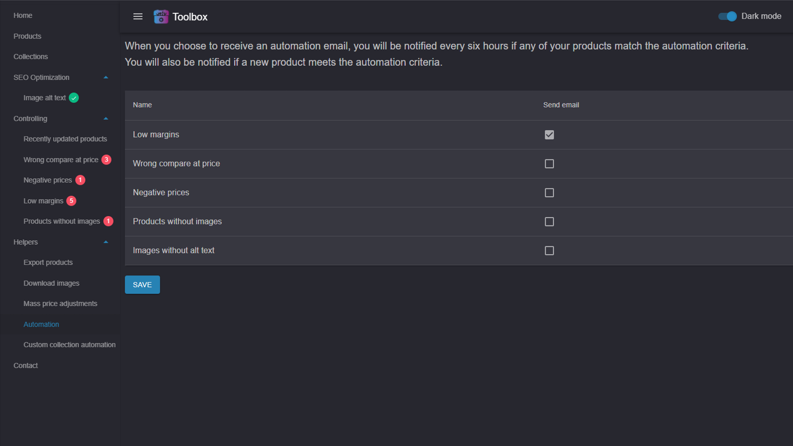 Screenshot showing automation options