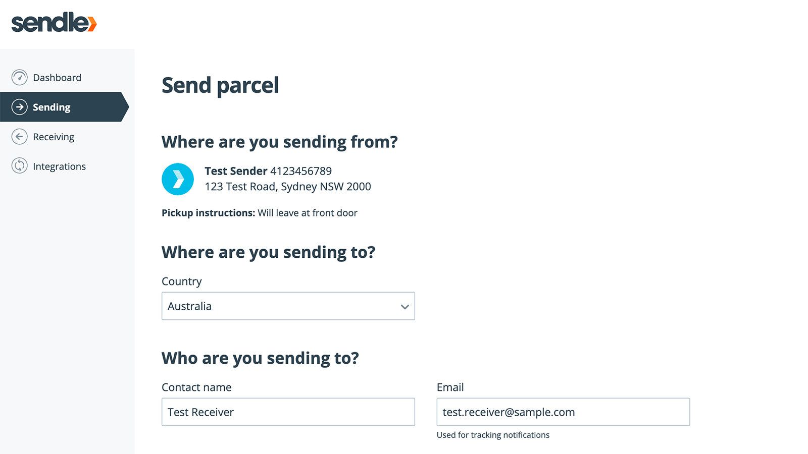 Screenshot showing the Sendle order sending page.