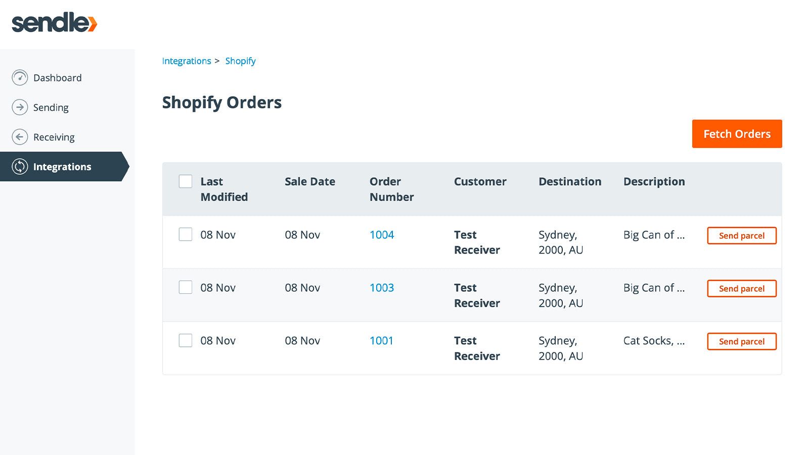Screenshot showing the Shopify integration page on Sendle.