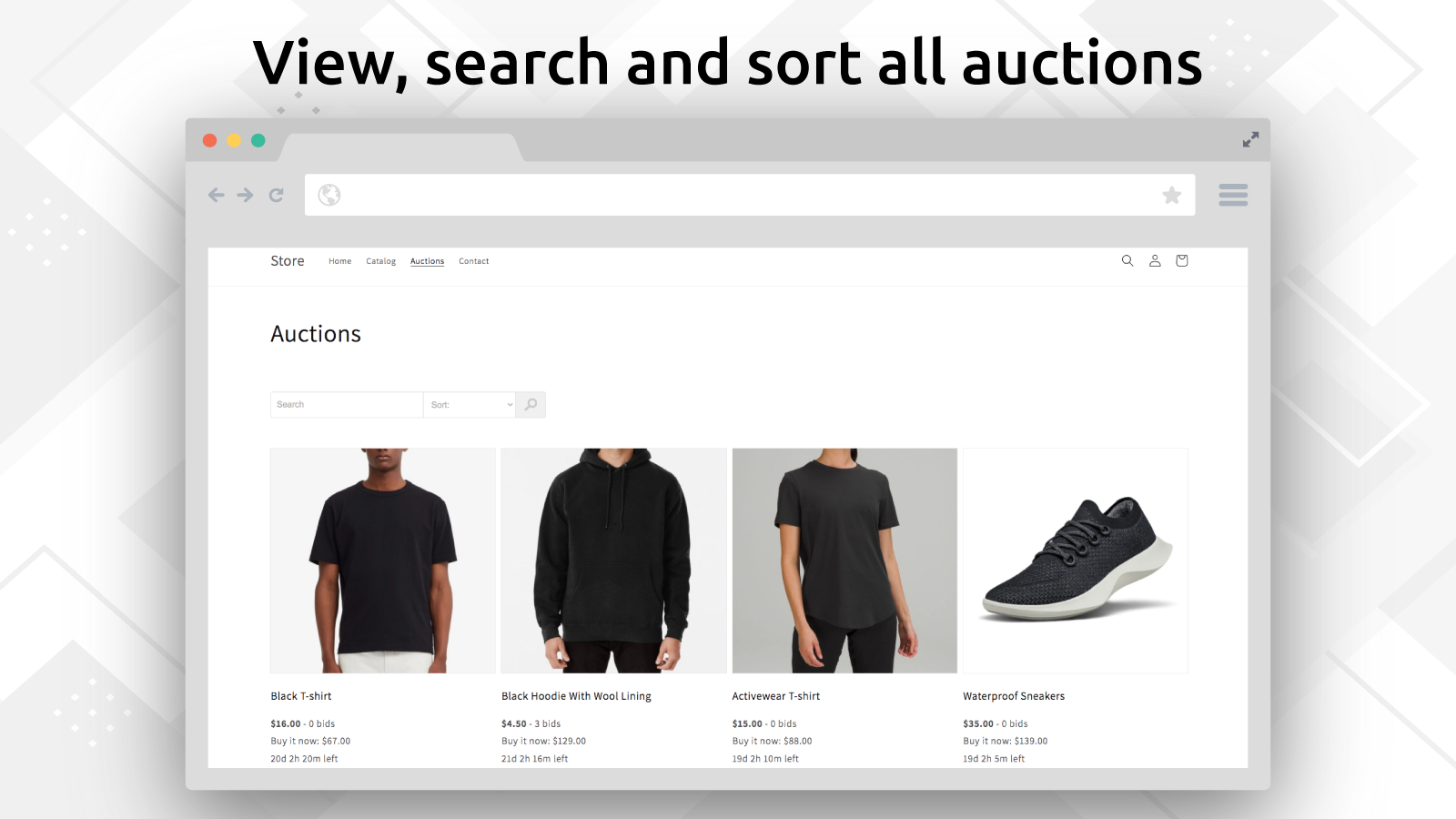 Screenshot view, search, sort all auctions