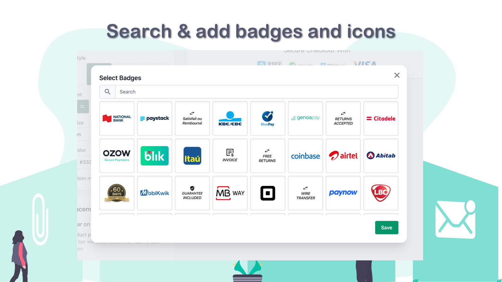 Search & add badges and icons