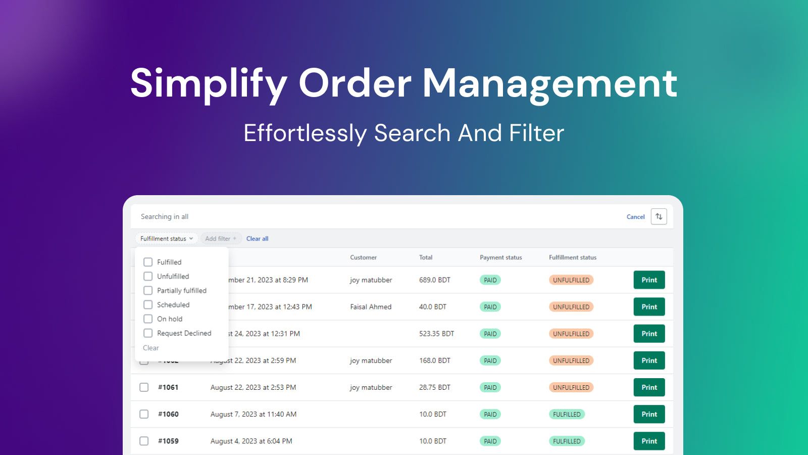 search and filter orders