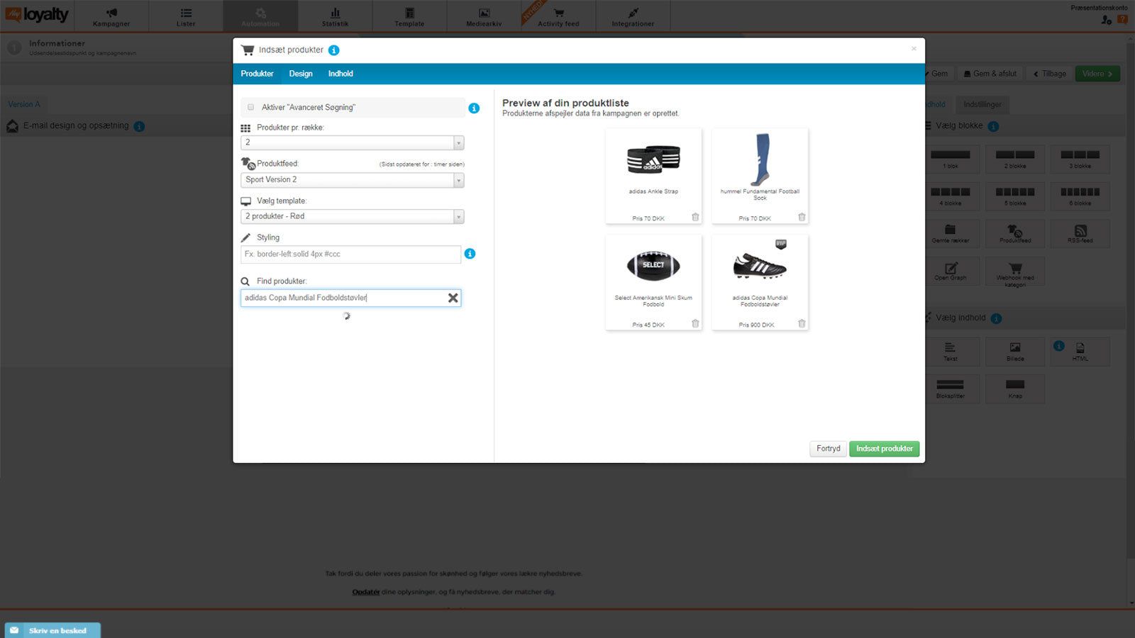Search products from your productfeed and insert with one click