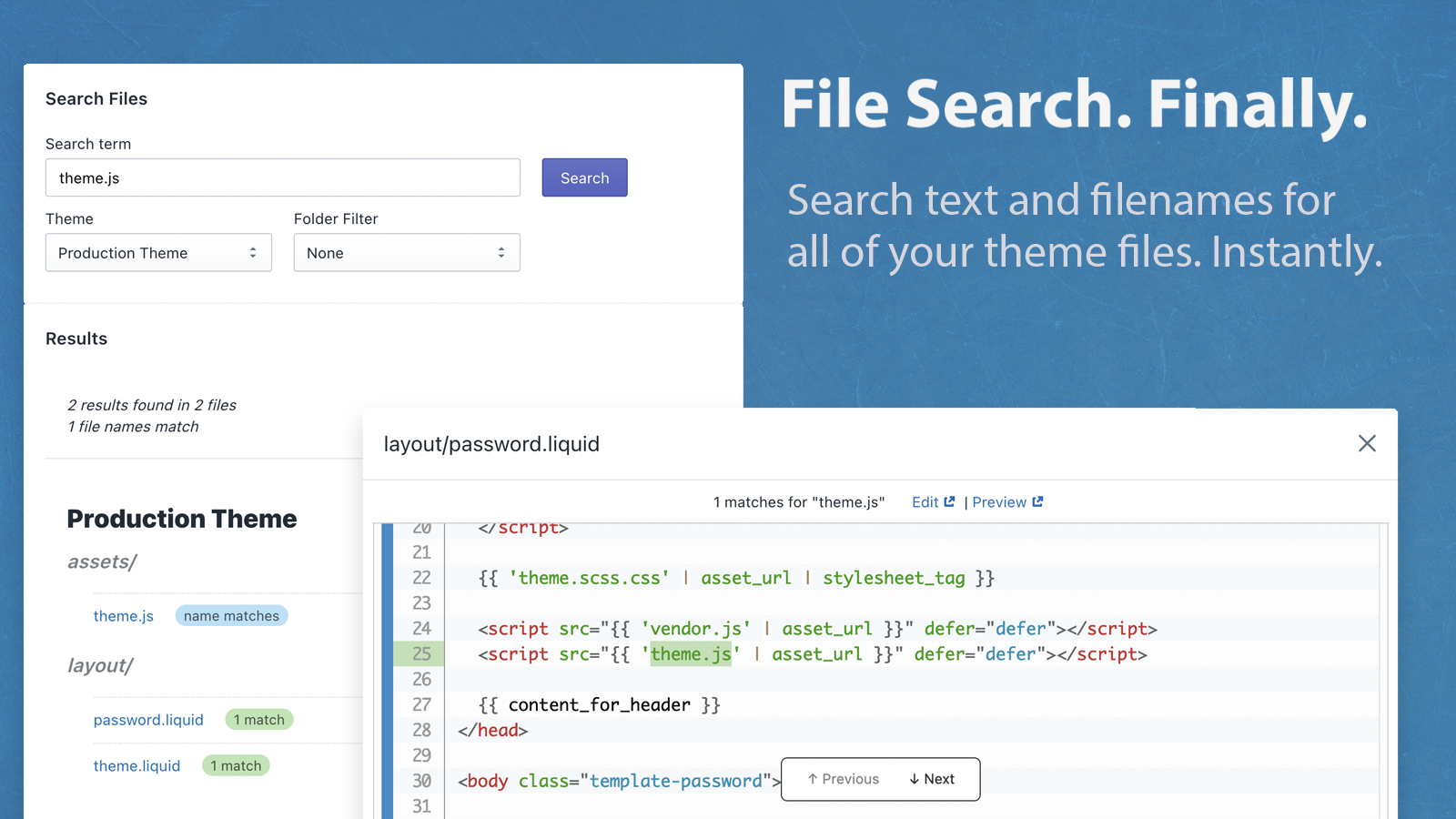 Search theme files and theme folders