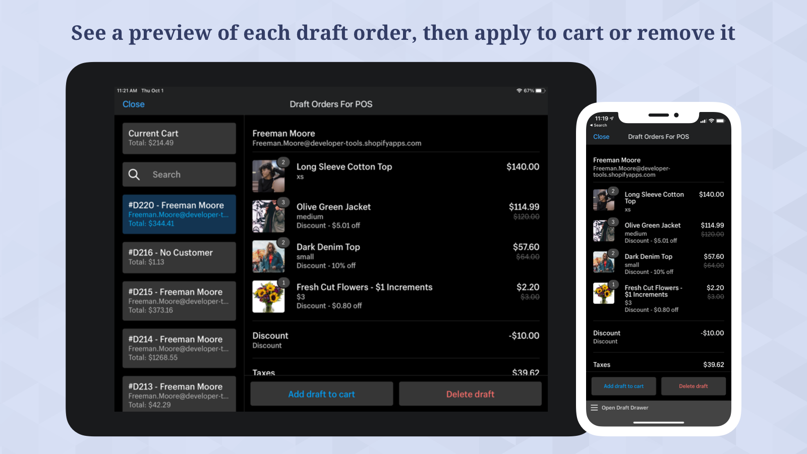 See a preview of each draft, then apply to cart or remove it