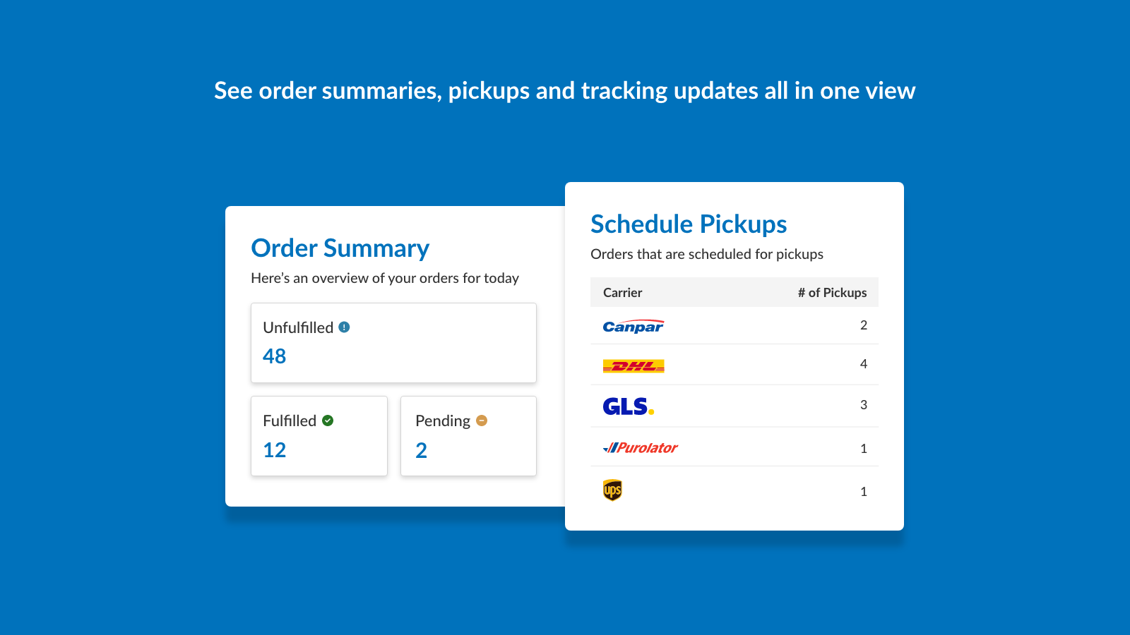 See order summaries, pickups and tracking updates
