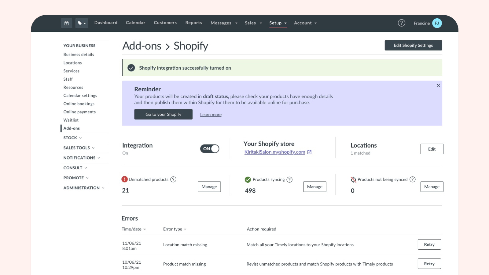 See the status of your integration with Shopify