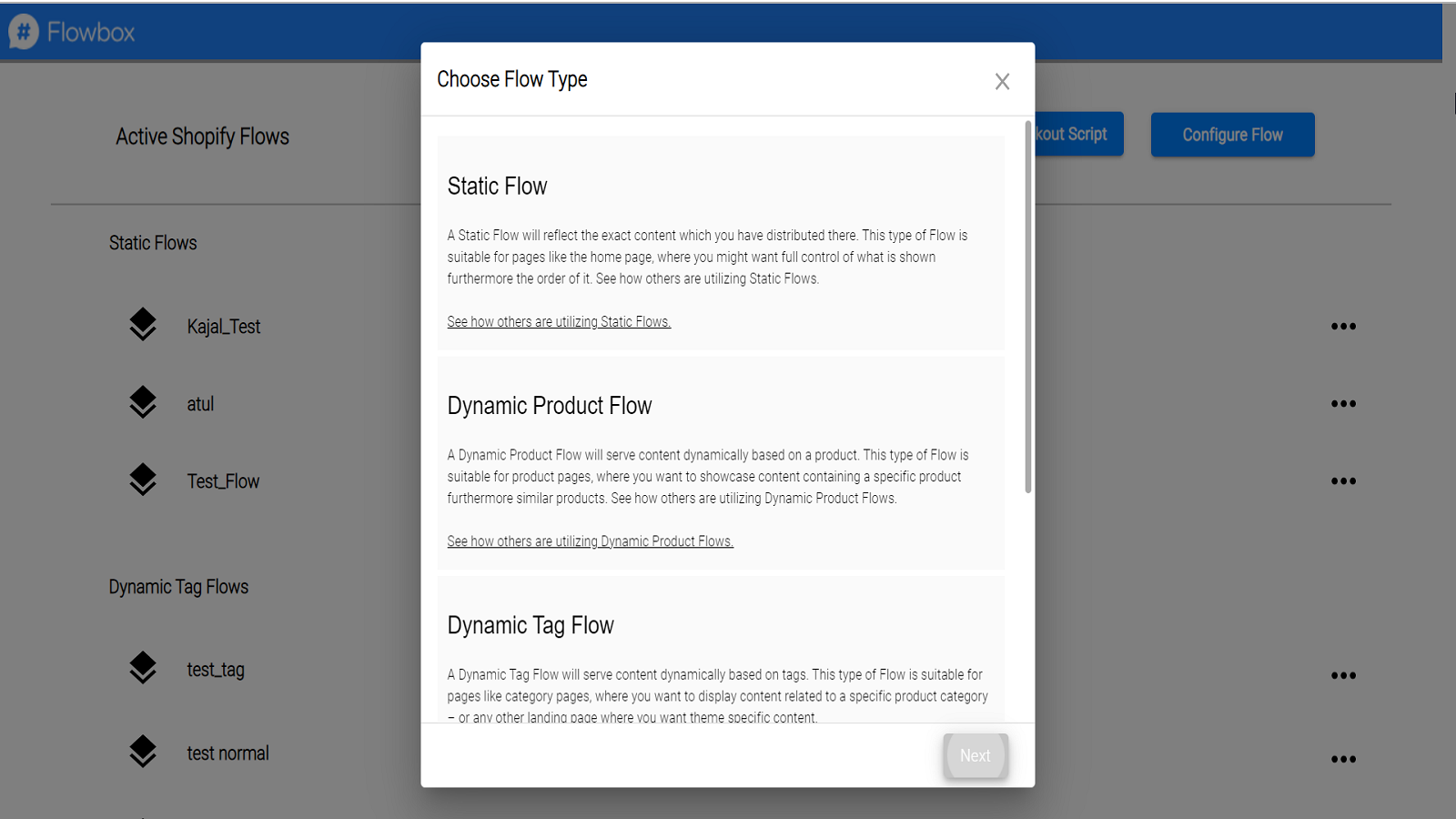 Select Flow type wizard view