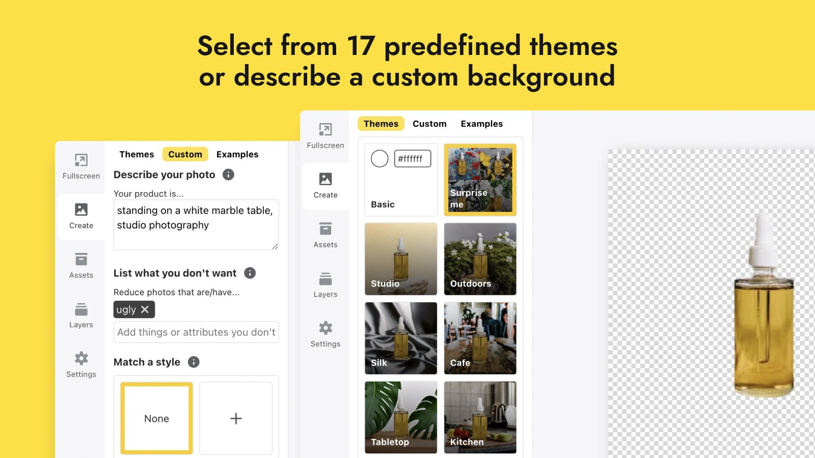 Select from 17 predefined themes or describe a custom background