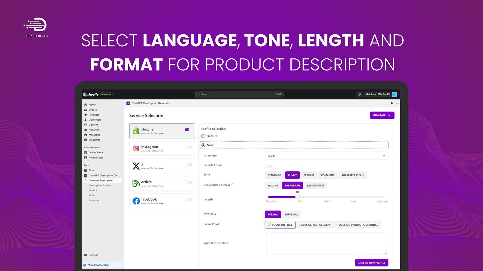 Select language, tone, length and format for product description