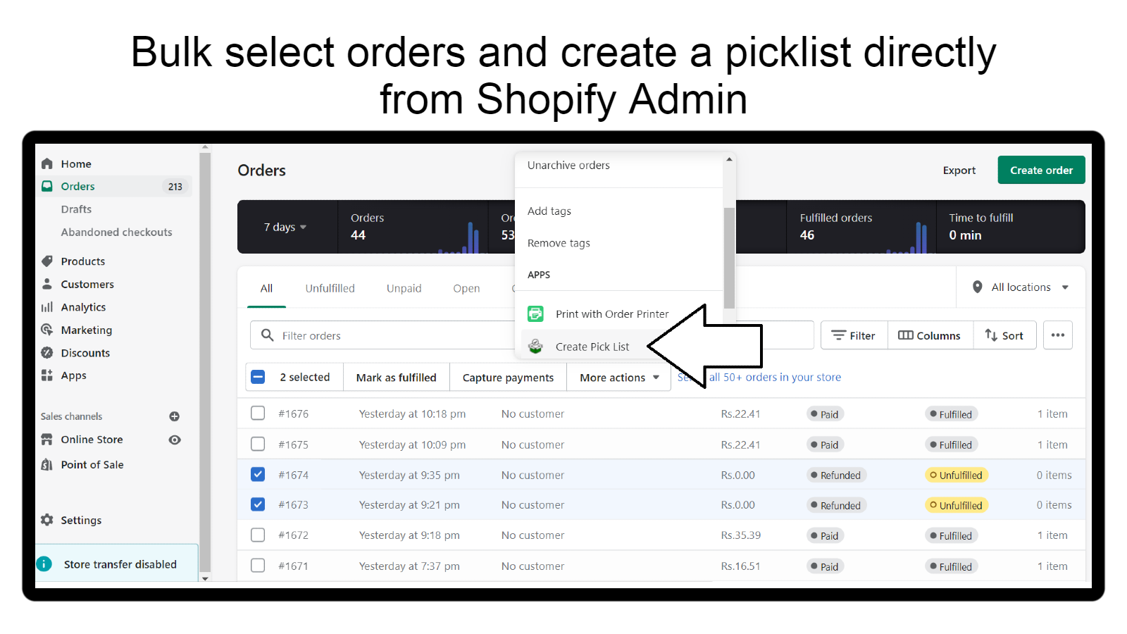 Select orders from Shopify Admin