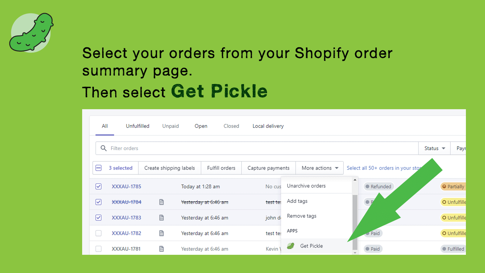 Select orders from your Shopify orders summary