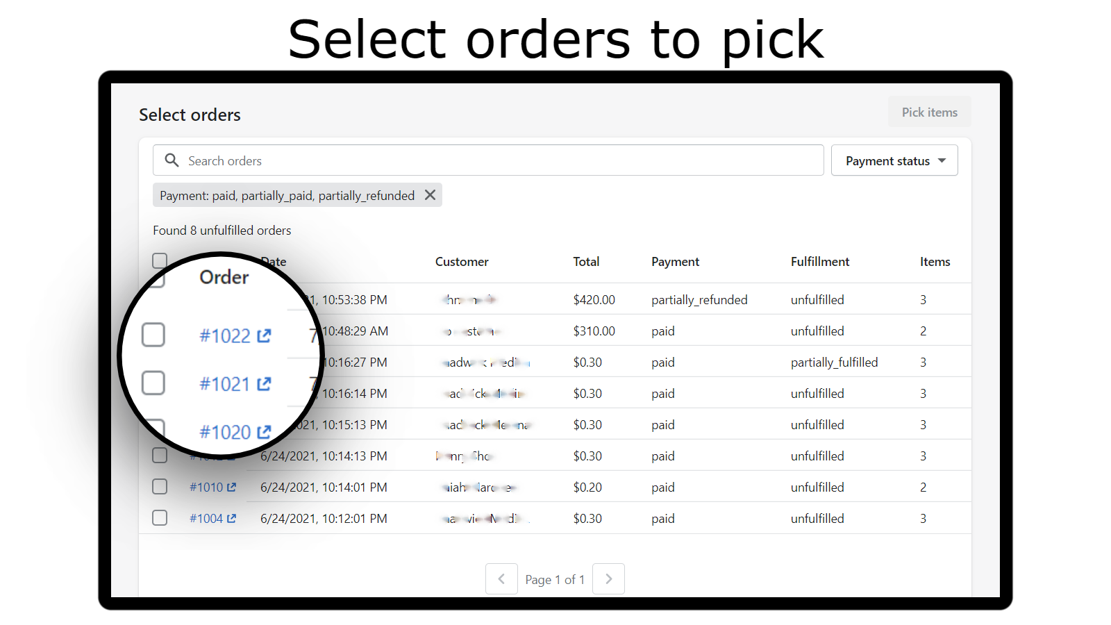 Select orders within the app