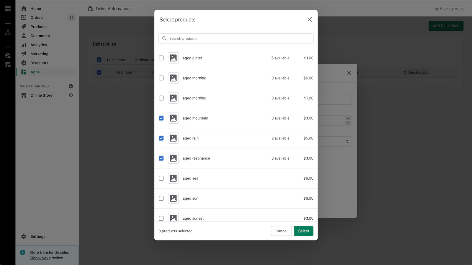 Select products to add the new delist rule to