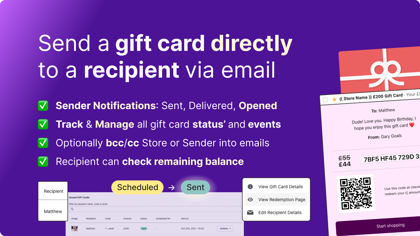 Send gift cards directly to a recipient. via email