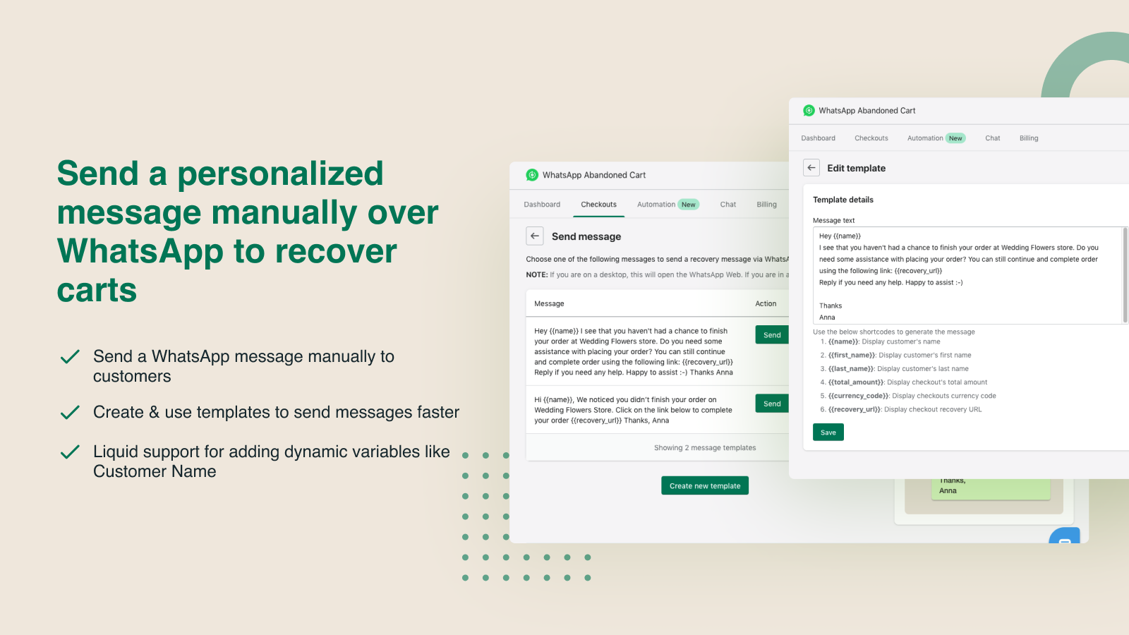 Send personalised WhatsApp messages to recover carts manually