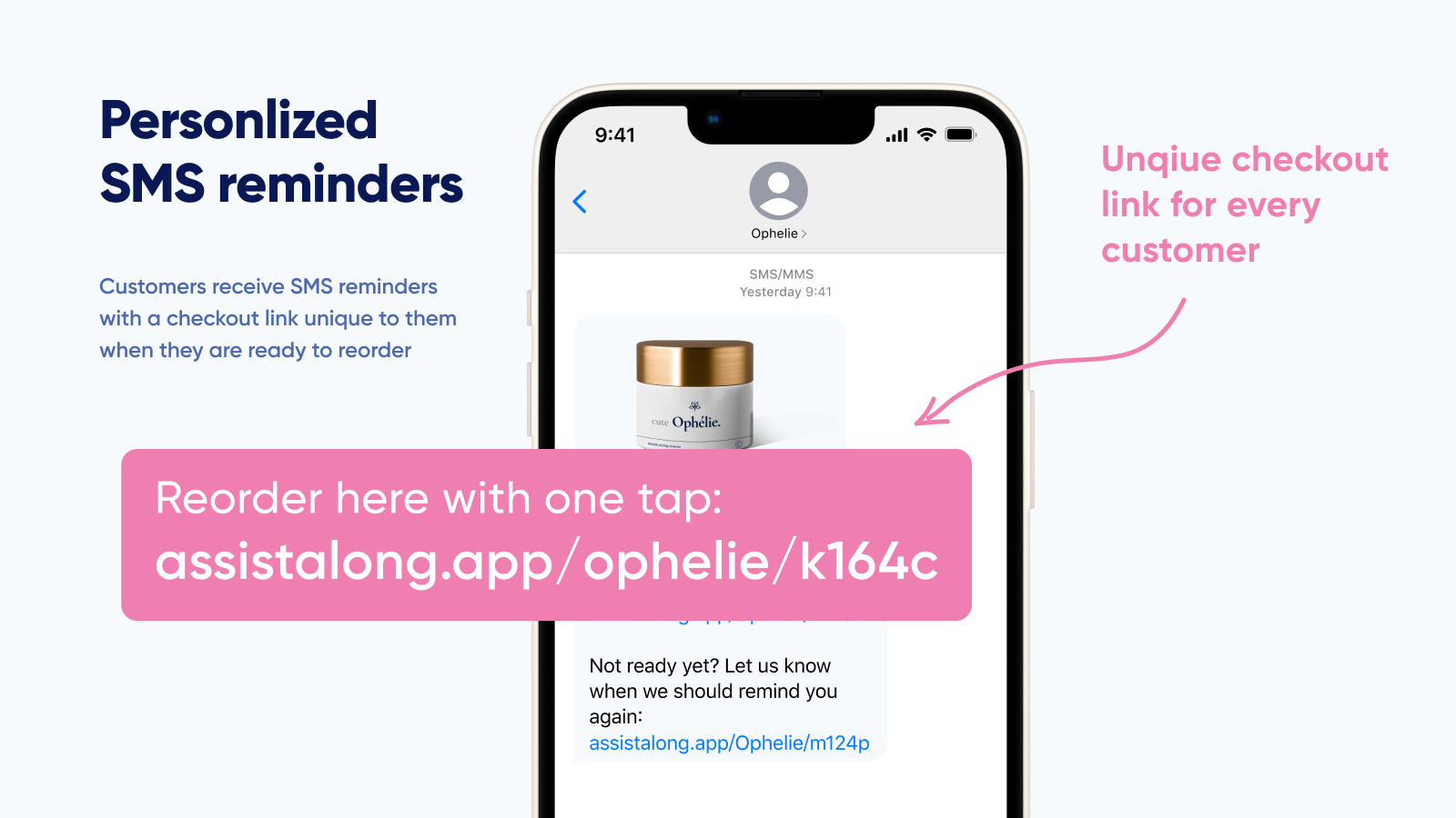 Sends SMS reminders with a checkout link unique to each customer