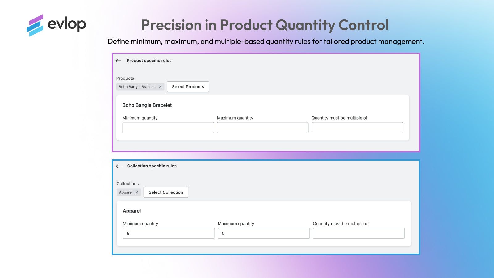 Set min/max, and multiple-based product quantities.