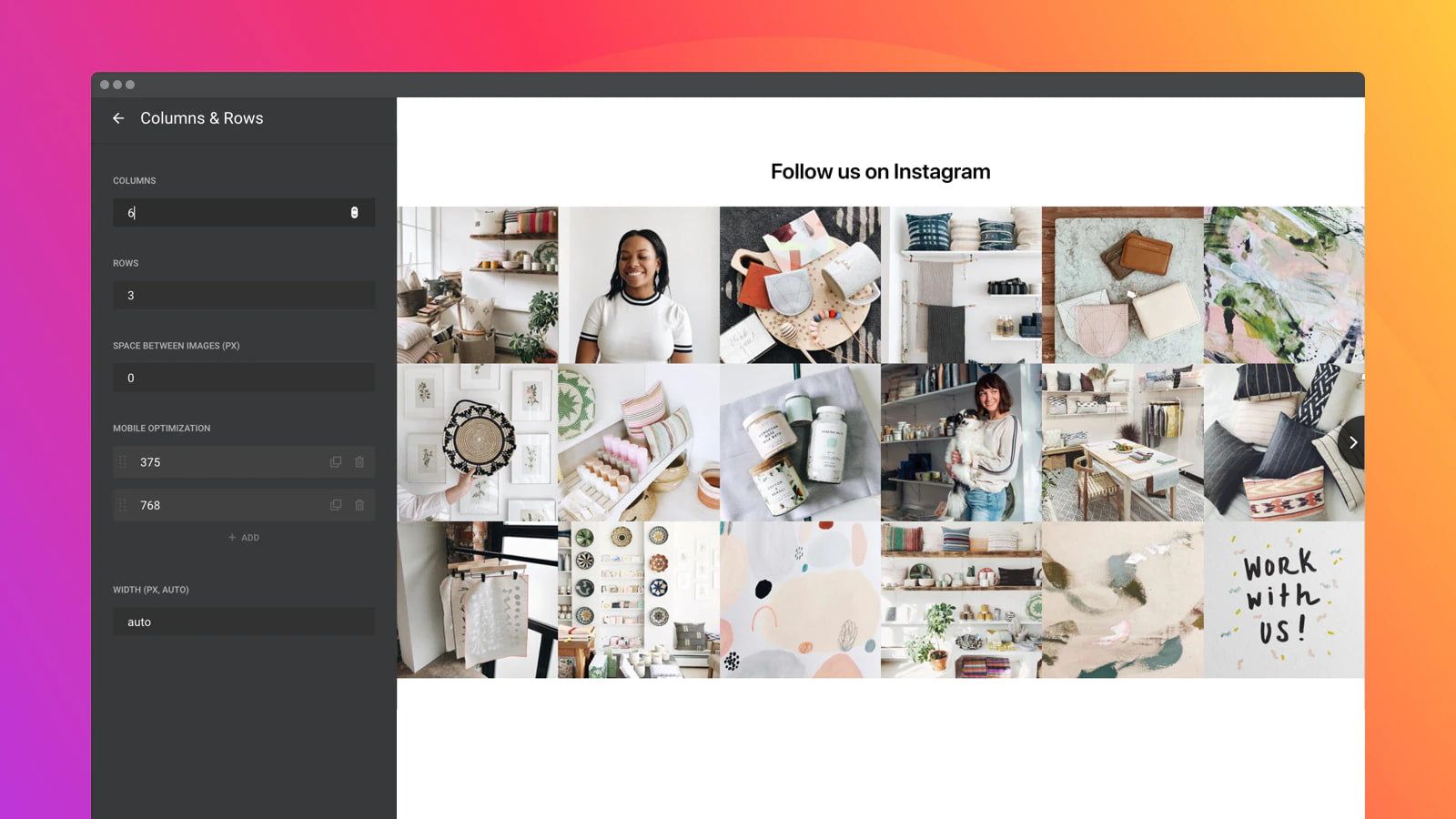 Set the number of columns and rows of the Instagram grid