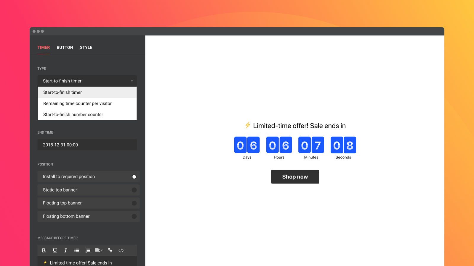 Set timers, up and down number counts in your Countdown Timer