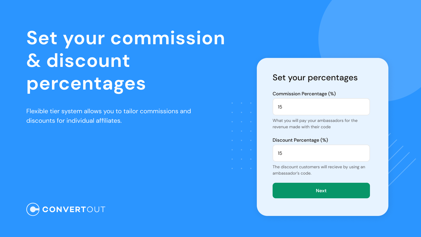 Set your own commission and discount percentages