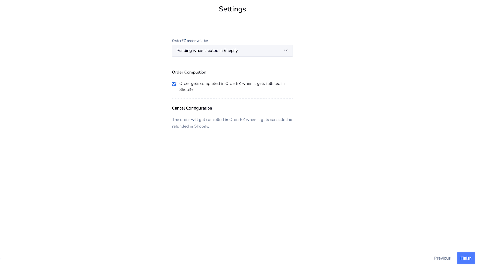 Settings screen for order updates from Shopify to OrderEZ