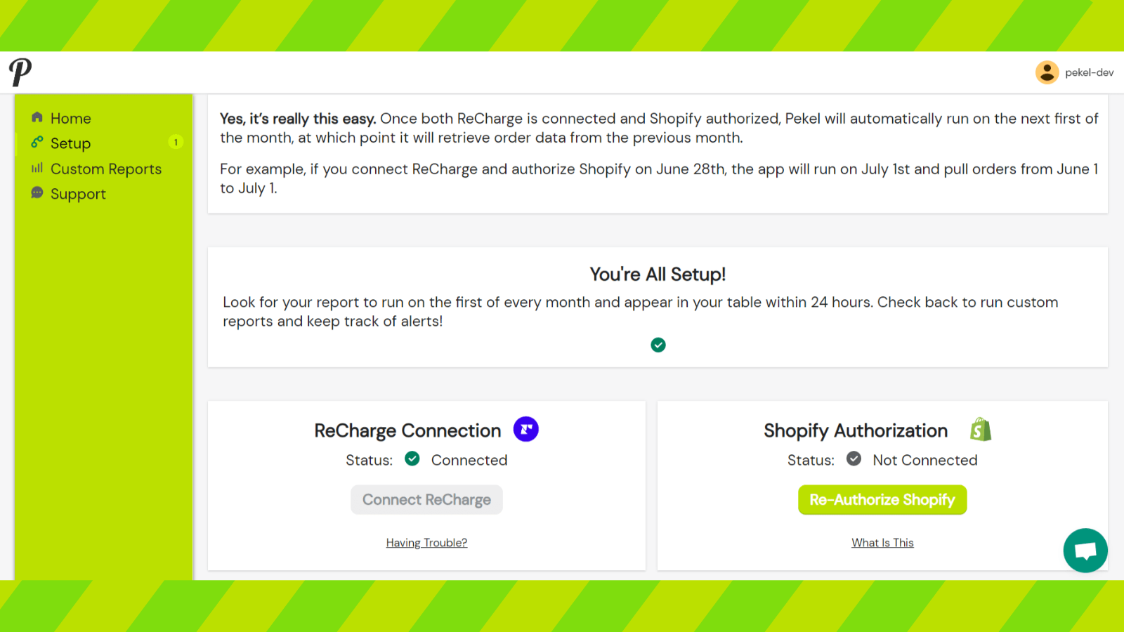 Setup page with ReCharge and Shopify Connections