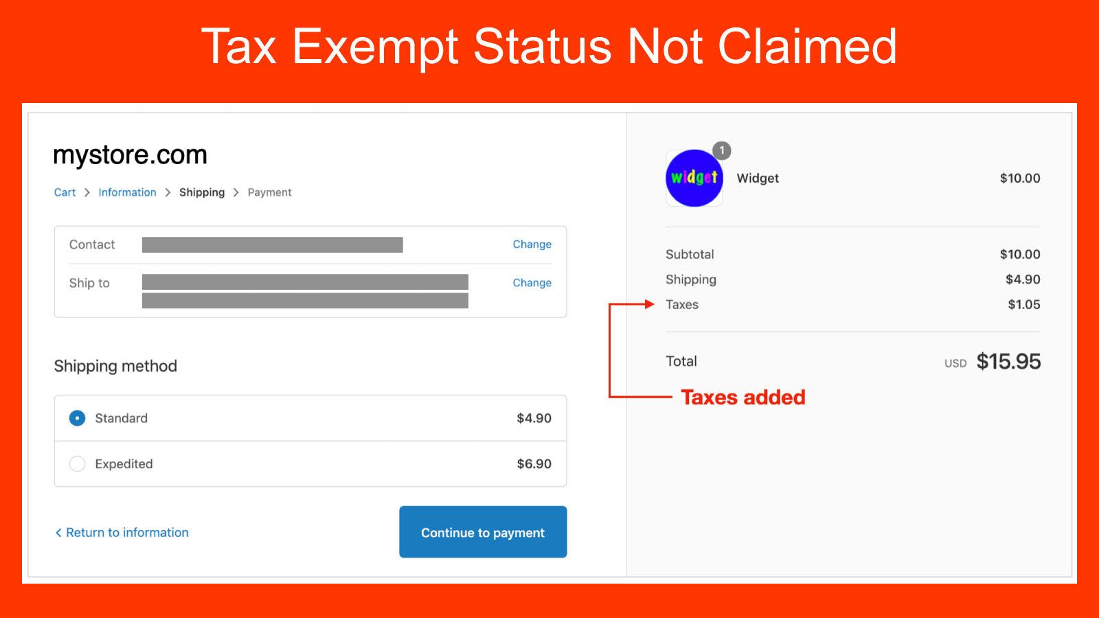 Shipment Methods page with out tax exempt status claimed