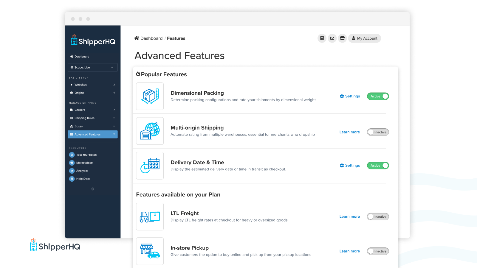 ShipperHQ Dashboard View of Advanced Features